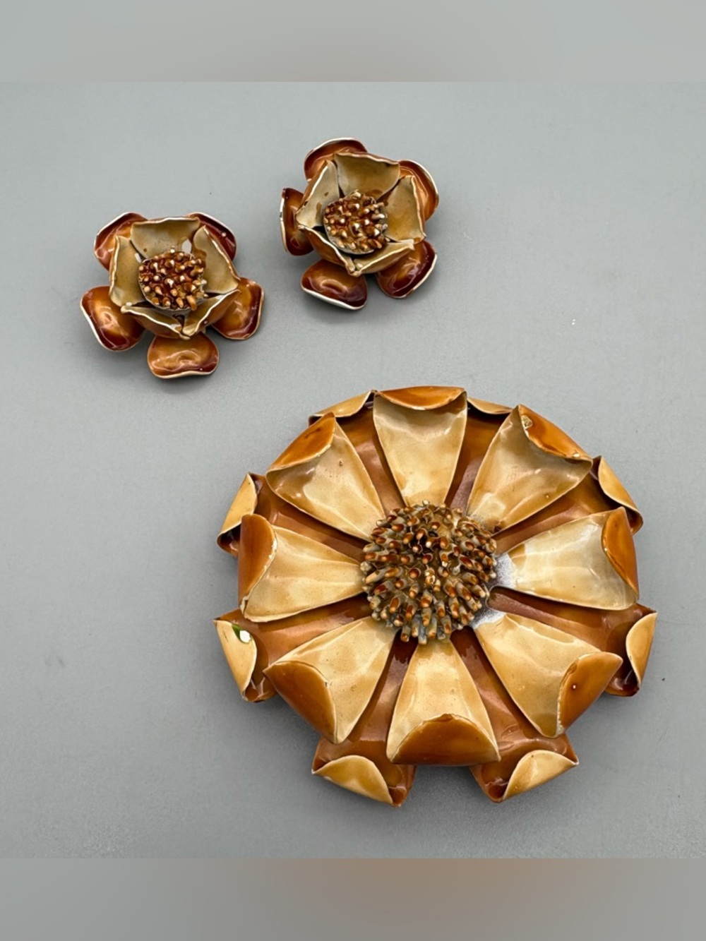 Vintage 1960's Enamel Flower Brooch & Clip Earrings Orange